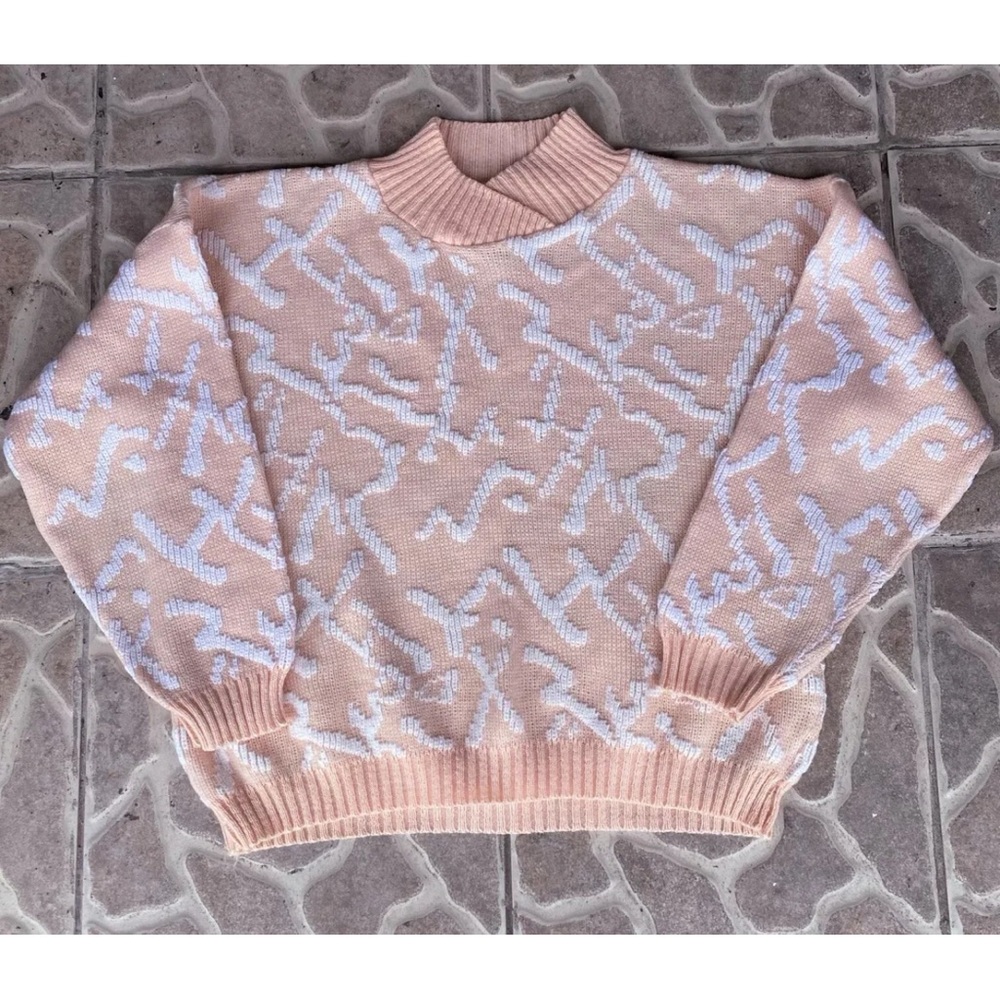 Vintage Sweaters | Vintage Baby Pink & White Crew Neck Sweater